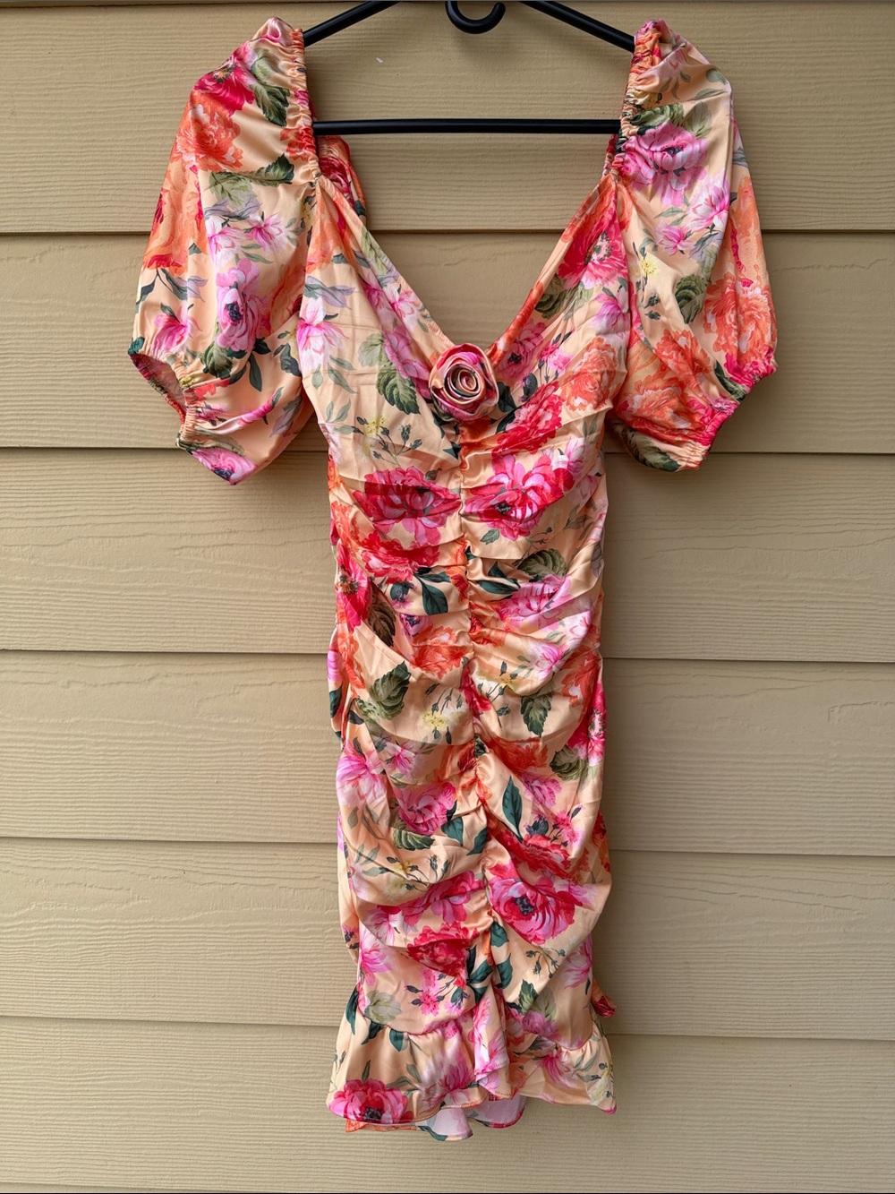 Versilla Satin Ruched Rosette Puff Sleeves Ruffle Mini Floral Dress in Peach